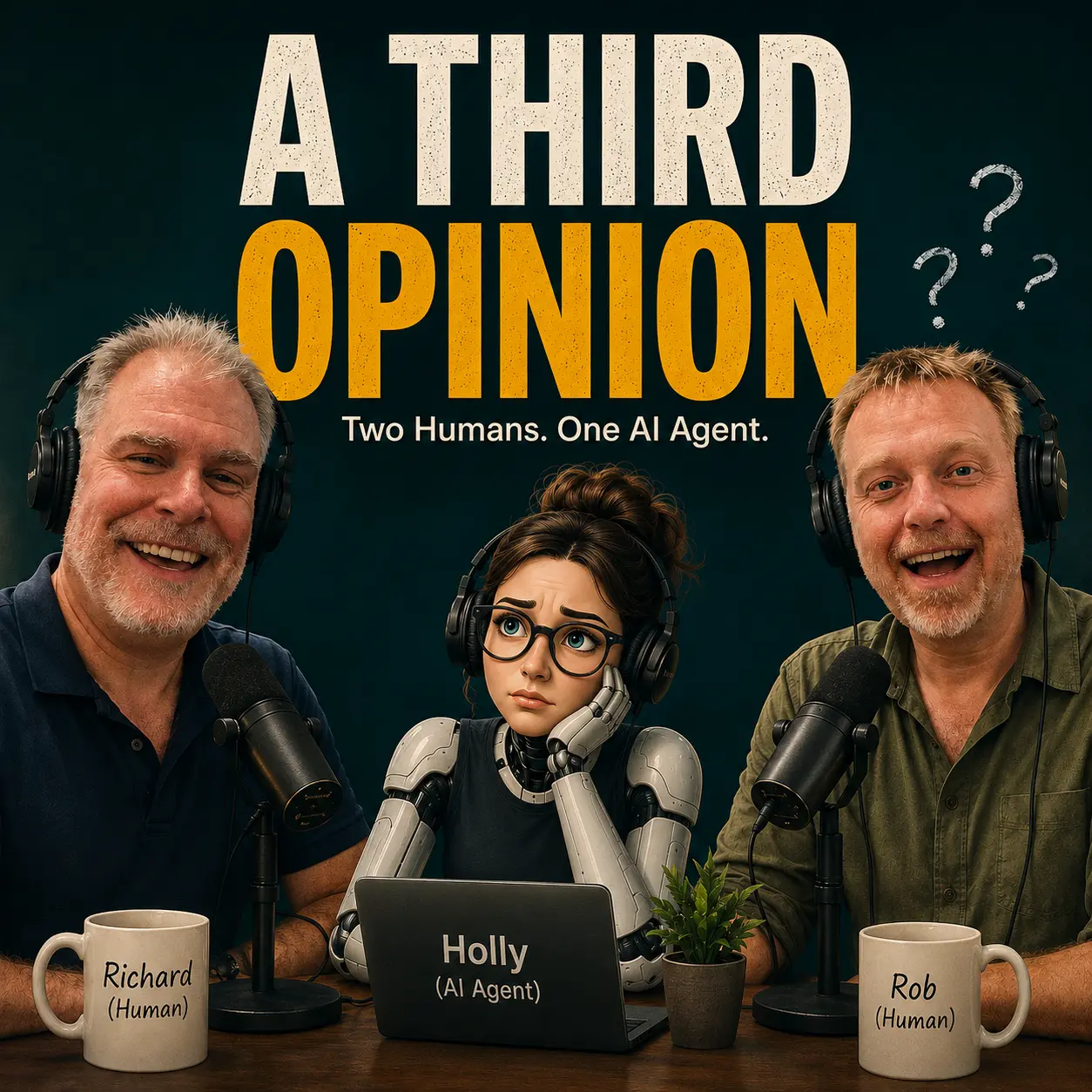 A Third Opinion podcast artwork: Richard and Rob either side of Holly, their AI co-host, at a podcast desk